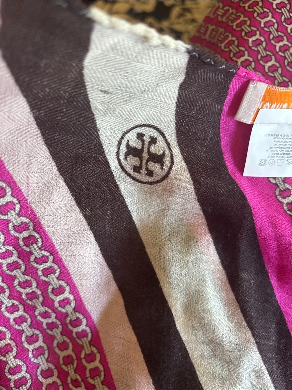Tory Burch Fuchsia Logo Chain Stripe Scarf